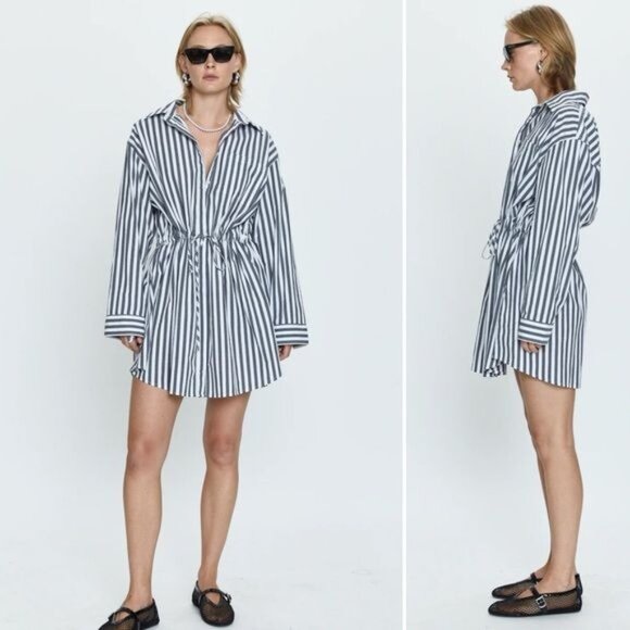 Pistola Layla Cinched Waist Dress Alani Striped XS oversized Rekaxed Gray Cotto - Picture 2 of 10